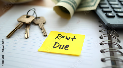 Wallpaper Mural Rent notice resting on notebook beside house keys, calculator, and cash, signaling monthly housing expense Torontodigital.ca