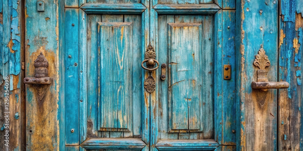 A weathered wooden door with peeling blue paint, showcasing a worn, intricately carved brass door knocker and an aged latch A weathered wooden door with peeling blue paint, showcasing a worn, intricately carved brass door knocker and an aged latch