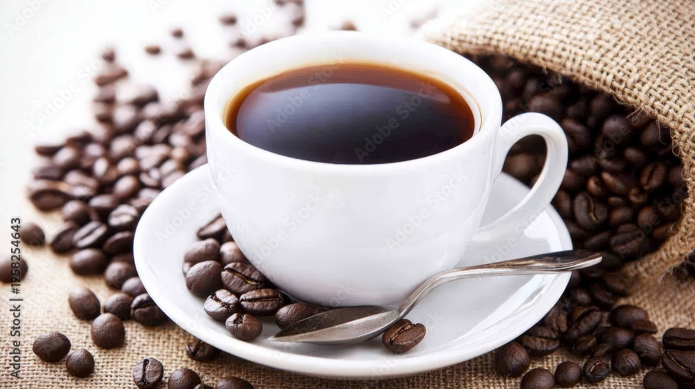 Fresh Brewed Coffee in White Cup Surrounded by Coffee Beans Fresh Brewed Coffee in White Cup Surrounded by Coffee Beans
