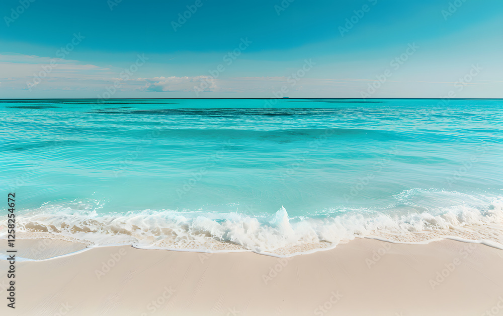 A pristine tropical beach with soft white sand, turquoise water, and a clear blue sky. Represents relaxation, travel, summer vacation, and paradise getaway A pristine tropical beach with soft white sand, turquoise water, and a clear blue sky. Represents relaxation, travel, summer vacation, and paradise getaway