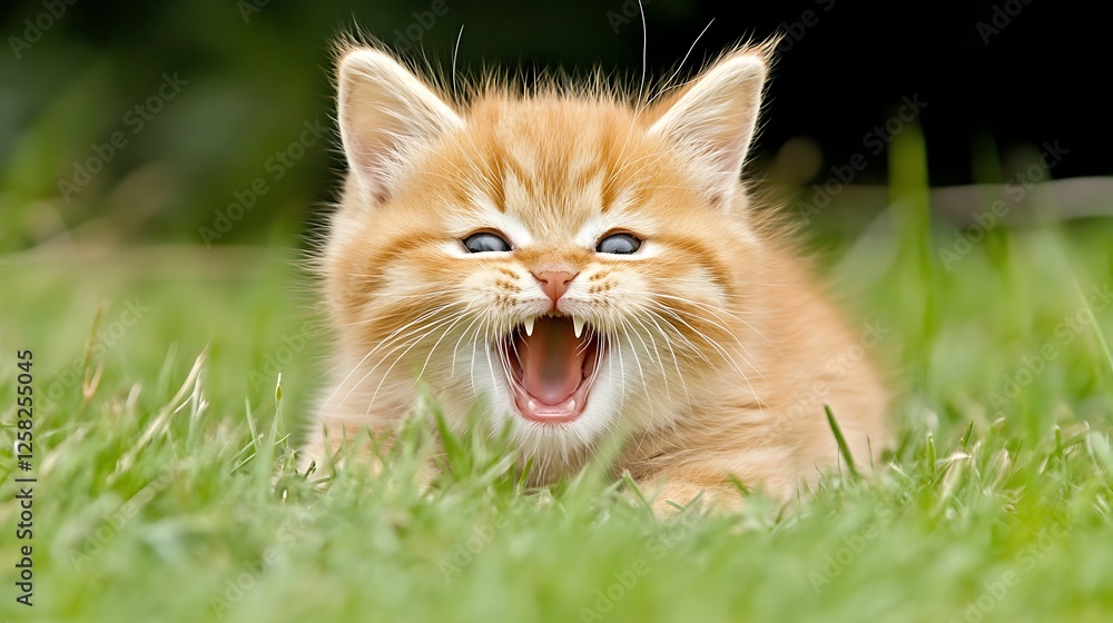 Tiny Ginger Kitten Yawning Adorably with Mouth Wide Open on Green Grass Sunlight Filled Day Tiny Ginger Kitten Yawning Adorably with Mouth Wide Open on Green Grass Sunlight Filled Day