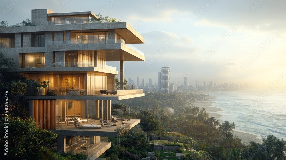 Modern cliffside mansion overlooking city skyline at sunrise; coastal real estate Modern cliffside mansion overlooking city skyline at sunrise; coastal real estate