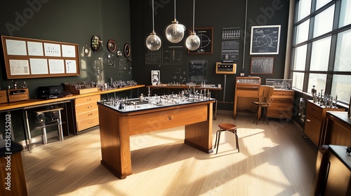 Classic physics experiment room with wooden apparatus, pendulums, and an oldworld electromagnetic induction setup
