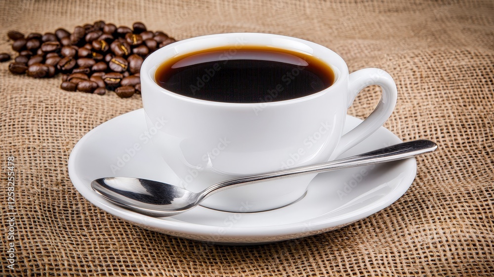 Freshly Brewed Coffee in Elegant White Cup on Rustic Jute Background Freshly Brewed Coffee in Elegant White Cup on Rustic Jute Background