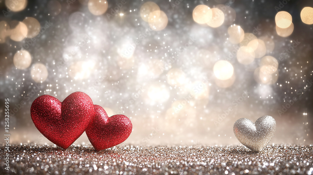 Fototapeta premium Romantic red hearts on wooden surface with glowing light bokeh background