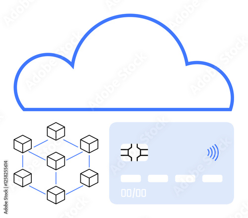 Cloud outline, blockchain nodes, and contactless credit card. Ideal for fintech, payment security, blockchain, cloud computing, finance digital banking tech innovation. Abstract line flat metaphor