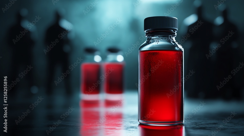 Dark bioweapons experiment, shadowy figures and toxic vials, 3D illustration Dark bioweapons experiment, shadowy figures and toxic vials, 3D illustration