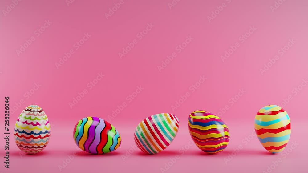 Multicolored Easter eggs rolling on a red background. Loop animation