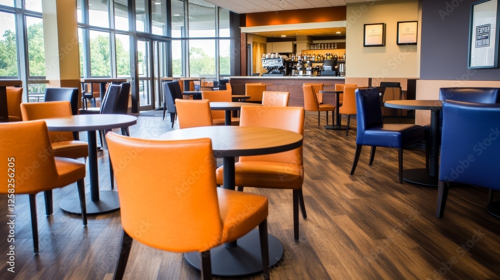 Brightly lit modern cafe interior with orange and blue chairs, wooden flooring, and coffee bar in background Brightly lit modern cafe interior with orange and blue chairs, wooden flooring, and coffee bar in background