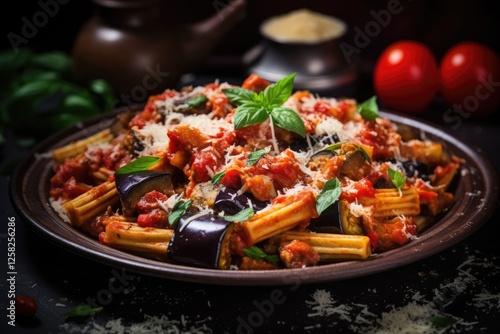 Selective focus and slider format captures traditional Italian dish pasta alla norma with eggplant and ricotta