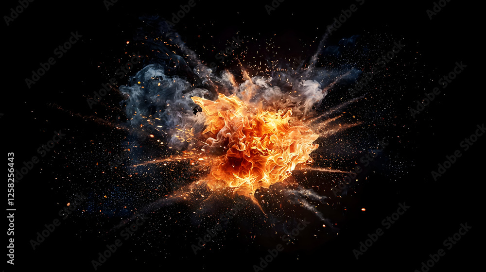 Fototapeta premium Fiery Orange Explosion with Gray Smoke Against Black Background