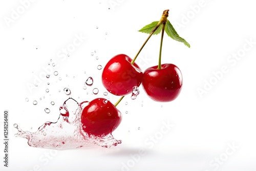 Selective focus on a solitary cherry set against a white background