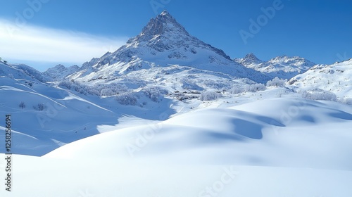 Snowy Alpine Mountain Peaks, Winter Landscape, Ski Resort, Sunny Day photo