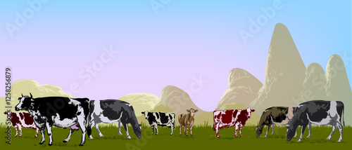 Beautiful farm landscape with cows hand drawing sketch vector illustration. Vintage villagge animal rural farming background.