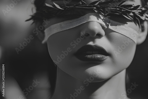 A striking close-up portrait of a beautiful young woman wearing a blindfold, evoking mystery and elegance photo