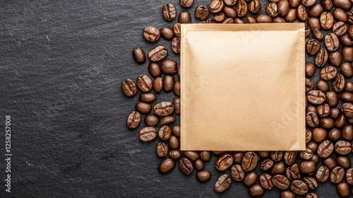 Wallpaper Mural Coffee Beans Surrounding a Square Beige Packaging on Slate Background Torontodigital.ca