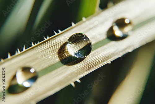  Close-up shot of delicate water droplets resting on a single blade of grass, showcasing nature's beauty and detail photo