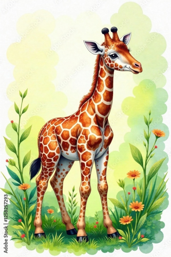 Fototapeta premium Delicate watercolor painting of a giraffe calf surrounded by lush greenery, baby animal, safari