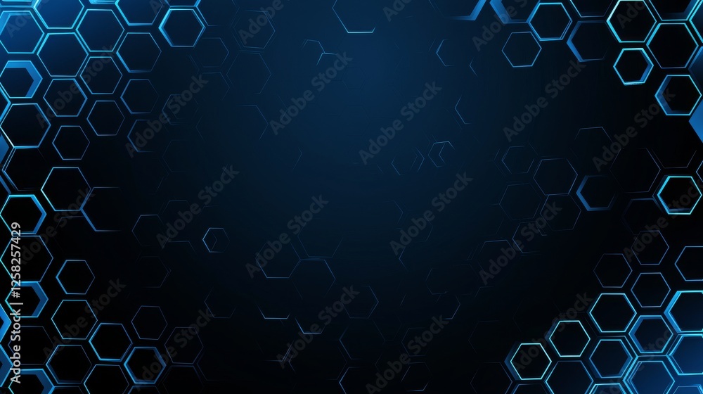 Obraz premium Hexagonal grid on a Blue background, minimalist design banner template with white space for text. Suitable for futuristic and tech-oriented presentations, websites, and digital designs.