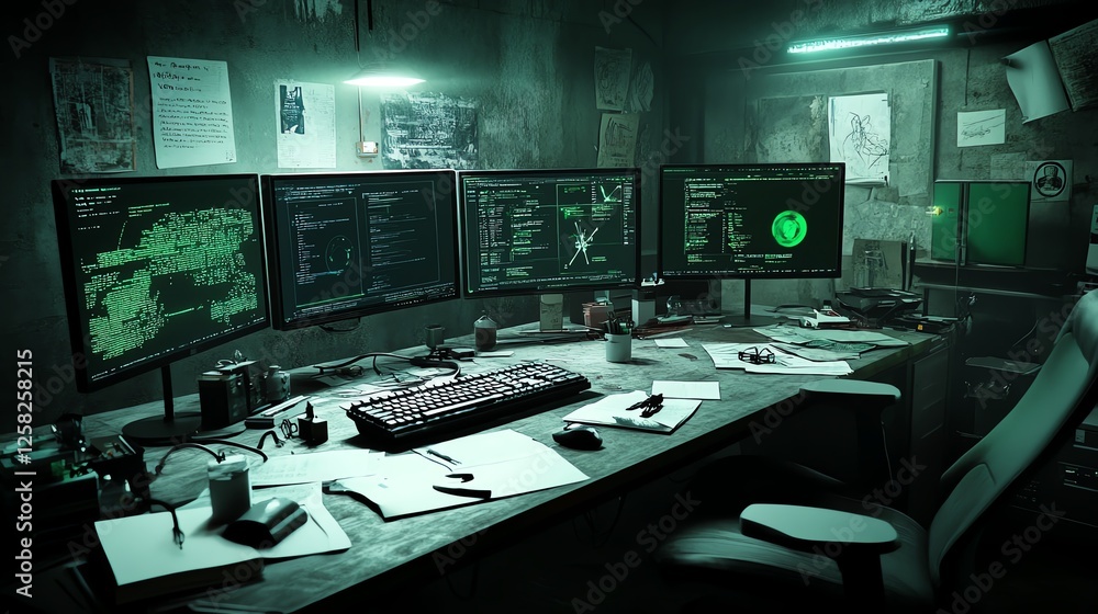 Dimly lit underground research lab with flickering monitors, eerie green lighting, and mysterious scientific notes scattered on the desk Dimly lit underground research lab with flickering monitors, eerie green lighting, and mysterious scientific notes scattered on the desk