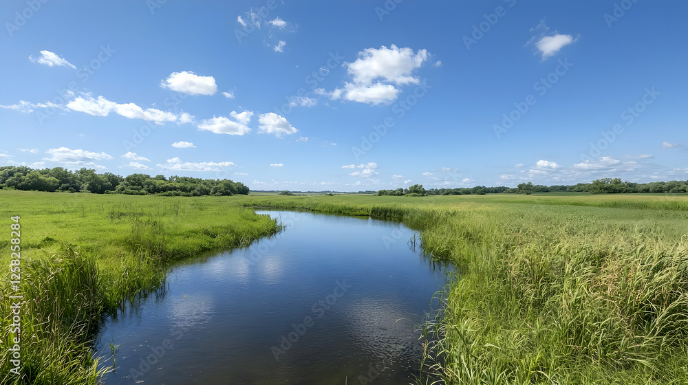 Serene river meanders through summer meadow, clear sky Serene river meanders through summer meadow, clear sky