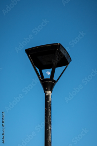 lamp post and moon against blue sky