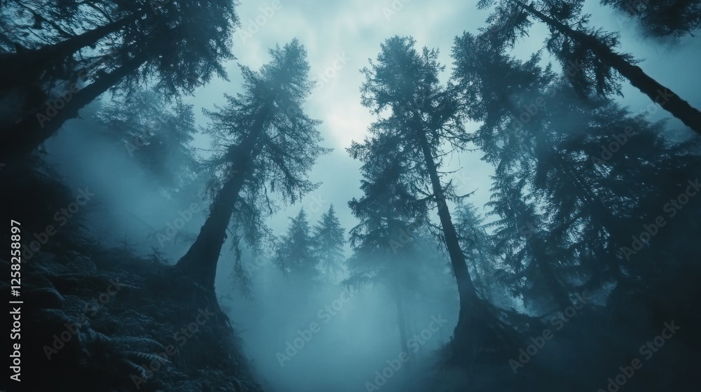 Fototapeta premium Mysterious foggy forest, low angle, dark trees, mountain backdrop, fantasy setting
