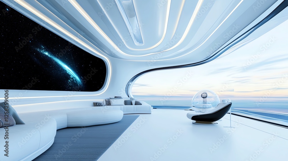 Futuristic home science station, holographic displays, 3D illustration Futuristic home science station, holographic displays, 3D illustration
