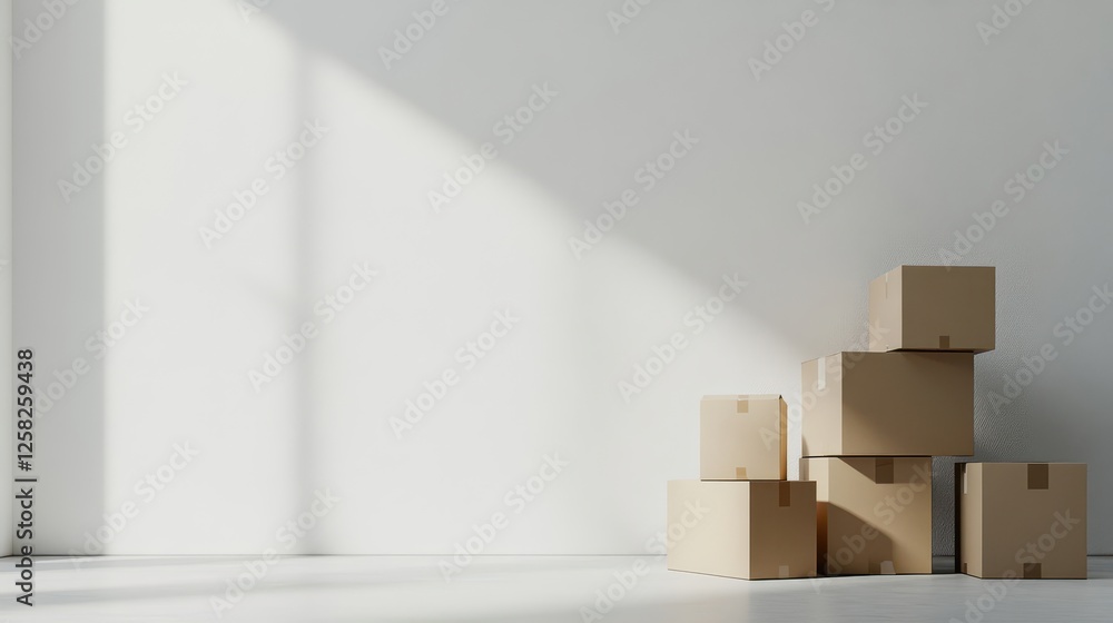 Cozy and Minimalist Corner Featuring Stacked Boxes and Natural Light in a Modern Interior Setting Cozy and Minimalist Corner Featuring Stacked Boxes and Natural Light in a Modern Interior Setting