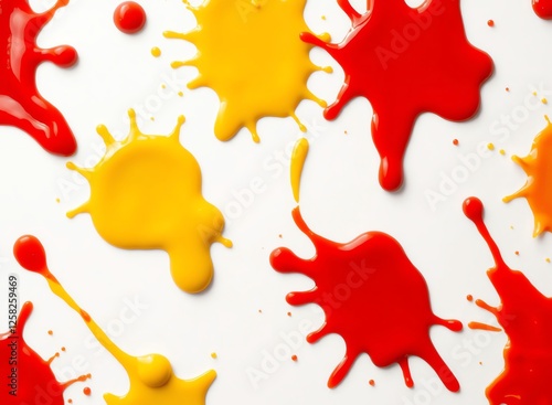 an image of a group of different colored paint splatters on a white surface, there is a lot of paint that is on the table photo