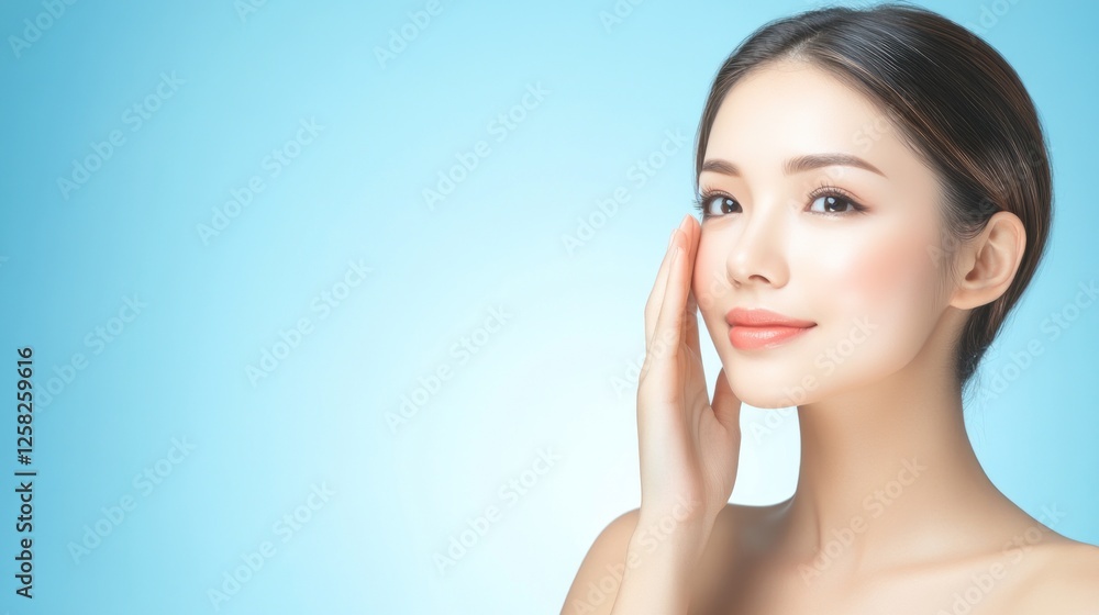 Woman touching face, skincare, beauty, studio, blue background, ad campaign Woman touching face, skincare, beauty, studio, blue background, ad campaign
