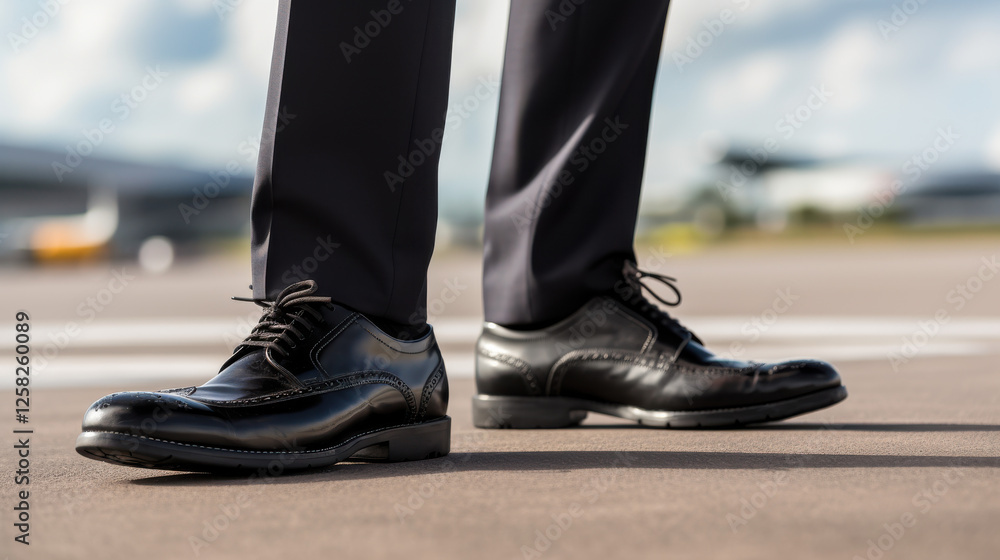 Businessman wearing black leather dress shoes standing on a wet airport tarmac symbolizing travel power and success Businessman wearing black leather dress shoes standing on a wet airport tarmac symbolizing travel power and success