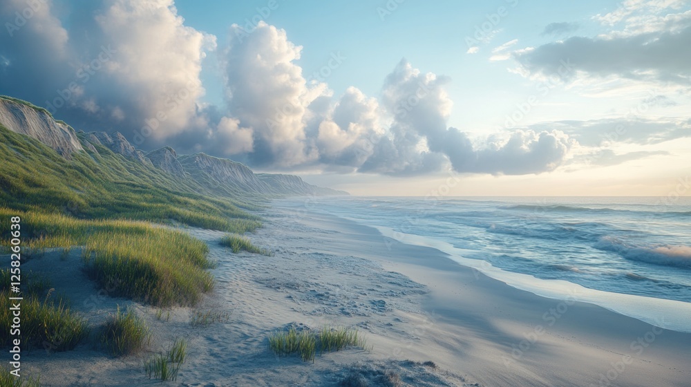 Serene coastal sunrise, grassy dunes, cloudy sky, ocean waves, travel brochure Serene coastal sunrise, grassy dunes, cloudy sky, ocean waves, travel brochure