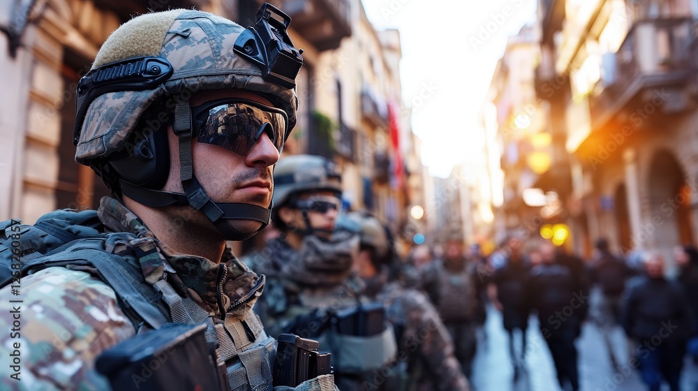 A vigilant soldier stands in an urban setting, equipped with tactical gear and weapons, reflecting the contemporary challenges faced in modern security operations. A vigilant soldier stands in an urban setting, equipped with tactical gear and weapons, reflecting the contemporary challenges faced in modern security operations.