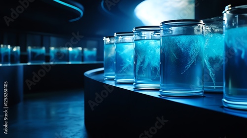 Haunting deepsea lab with murky waterfilled tanks, dim blue lighting, and strange aquatic specimens floating in jars photo