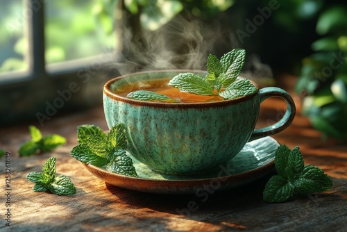 Steaming mint tea by sunlit window