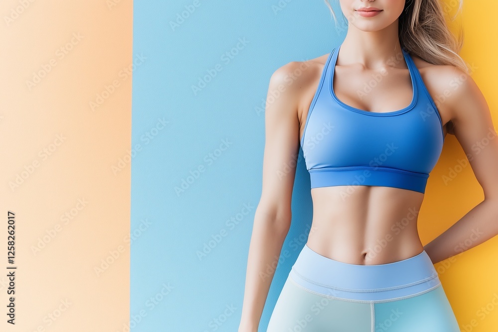 Fototapeta premium A fit woman wearing blue athletic wear poses confidently against a vibrant peach and blue backdrop, showcasing a modern, sporty aesthetic.
