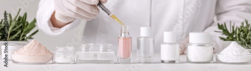 A scientist carefully measures a liquid from a pipette into a cosmetic container surrounded by various ingredients and plants.