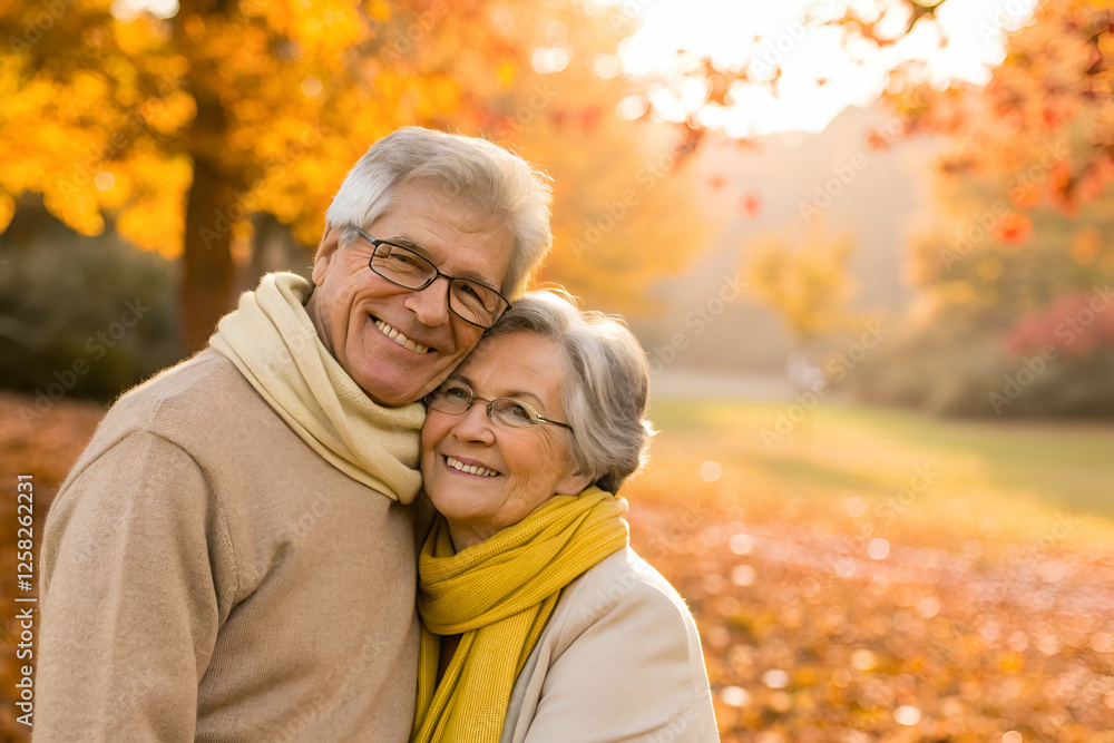 A happy elderly couple embraces outdoors amidst vibrant autumn foliage, radiating love and warmth in golden light. A happy elderly couple embraces outdoors amidst vibrant autumn foliage, radiating love and warmth in golden light.