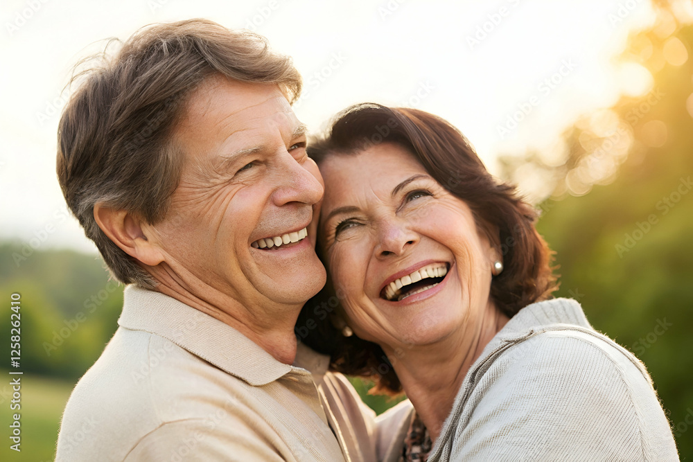 A joyful elderly couple embraces, sharing laughter and love in a sunny outdoor setting, radiating happiness and companionship. A joyful elderly couple embraces, sharing laughter and love in a sunny outdoor setting, radiating happiness and companionship.