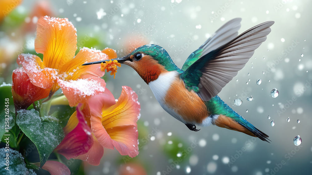 Vibrant hummingbird feeding on bright flowers during gentle light snowfall Vibrant hummingbird feeding on bright flowers during gentle light snowfall