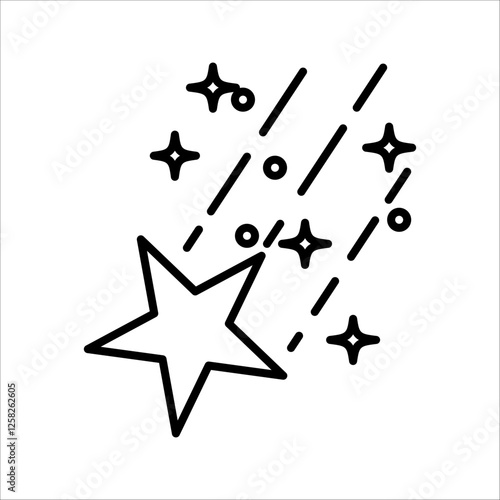 shooting star icon. Meteorite and comet symbols. Flying comet with tail, falling meteor, abstract galaxy elements. Black shooting star icon. Abstract silhouette of shooting star.