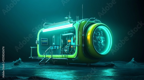 Isolated deepsea research station, glowing marine creatures, 3D illustration photo