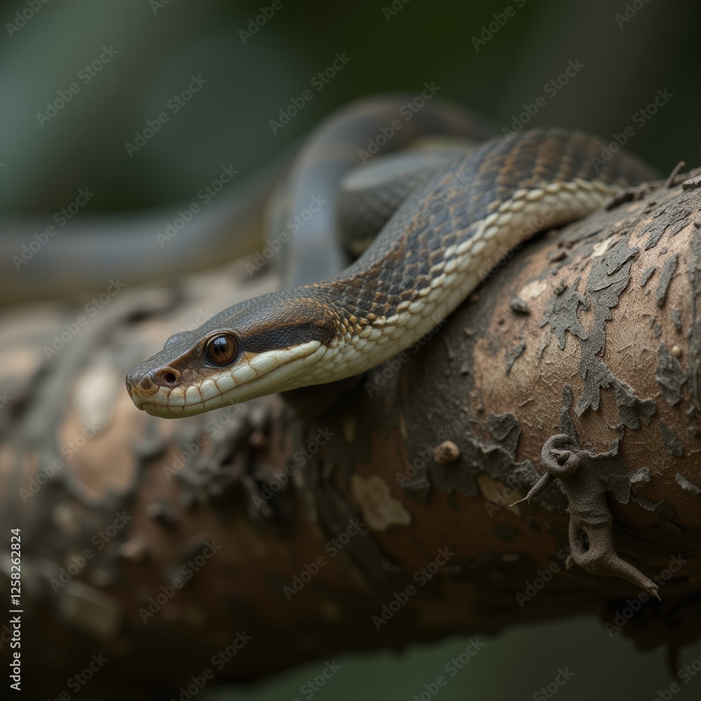 Detailed close-up of a snake coiled elegantly on a textured branch showcasing its intricate patterns and smooth scales ideal for themes of mystery and intrigue Detailed close-up of a snake coiled elegantly on a textured branch showcasing its intricate patterns and smooth scales ideal for themes of mystery and intrigue
