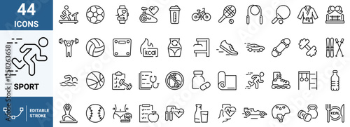 Diet and sport. Fitness related line icon set. Gym exercises linear icons. Sport and training outline vector signs and symbols collection.