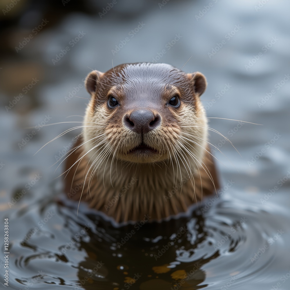 Playful otter swimming in water with open mouth and whiskers creating a joyful scene perfect for aquatic and wildlife photography