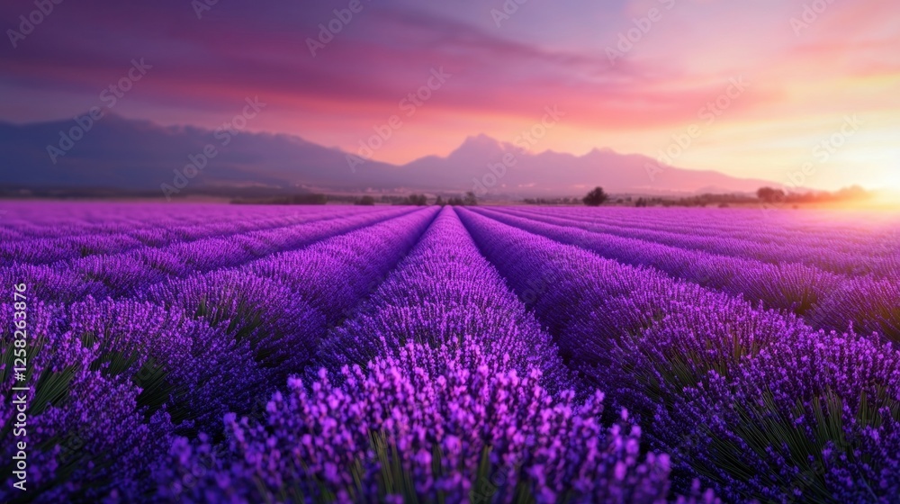 Naklejka premium Serene lavender fields under a colorful sunset