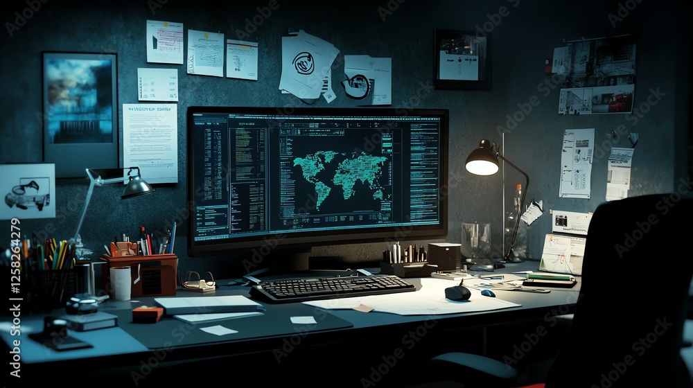 Secretive government research lab, classified documents and dim screens, 3D illustration Secretive government research lab, classified documents and dim screens, 3D illustration