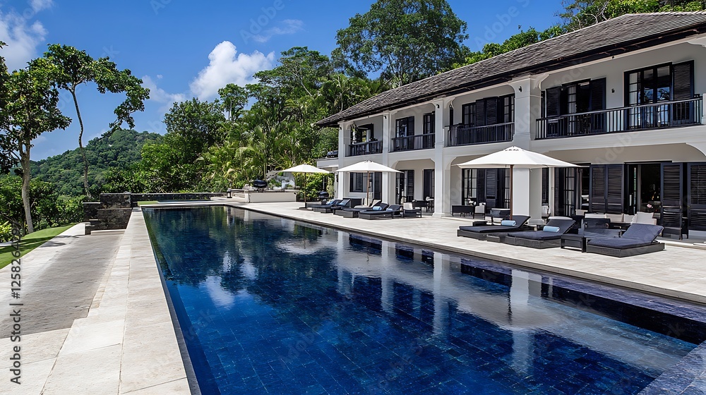 Tropical Luxury Residence With Elegant Poolside Setting and Lush Greenery Under Azure Skies Tropical Luxury Residence With Elegant Poolside Setting and Lush Greenery Under Azure Skies