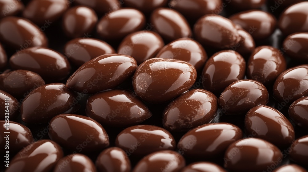Glossy Chocolate Coated Almonds Spread in a Layer Over Dark Background Glossy Chocolate Coated Almonds Spread in a Layer Over Dark Background
